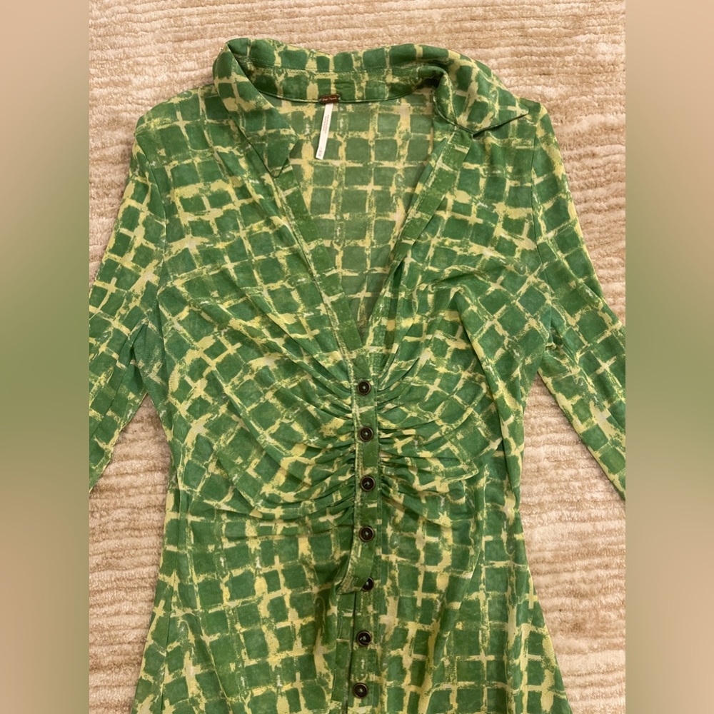 Free People Green Grid Ruched Button-Up Top - Picture 5 of 7